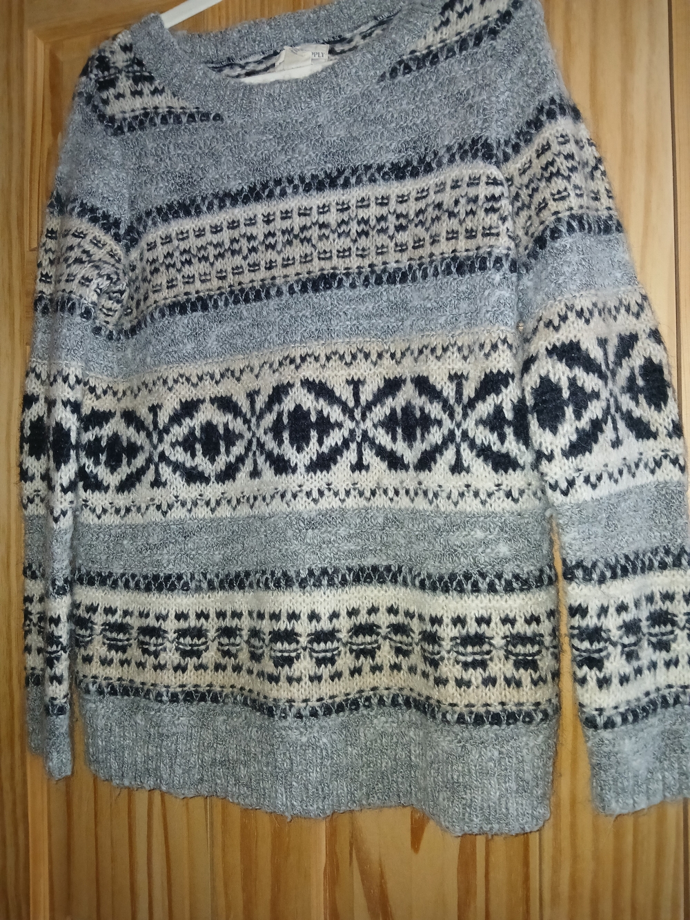 Denim & Supply Ralph Lauren Grey and Cream Patterned Crewneck Sweater